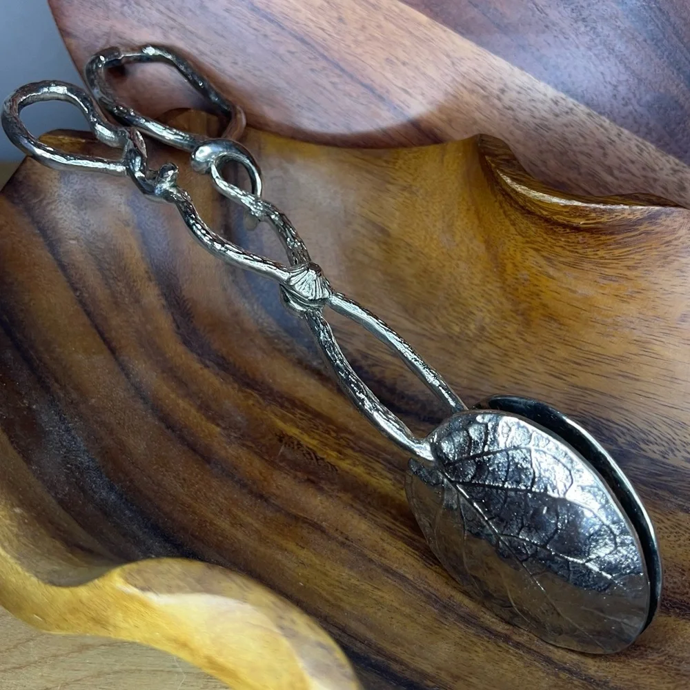 Botanical Leaf & Twig Silver Metal Scissor Tongs